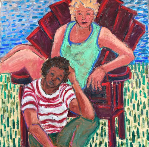 Friends with Red Chair | Oil And Acrylic Painting in Paintings by Elisa Root. Item made of canvas works with contemporary & eclectic & maximalism style