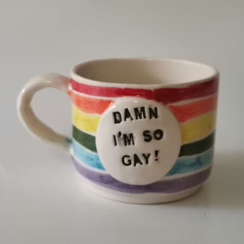 LGBT Pride Coffee Mug With Rainbow Design | Drinkware by HulyaKayalarCeramics. Item made of ceramic works with boho & minimalism style