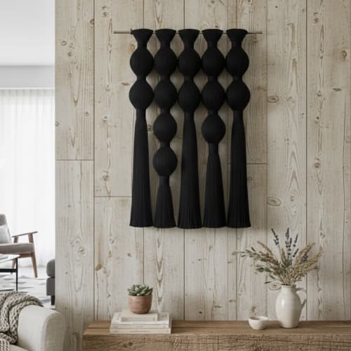 Customizable Boho Black Macrame Wall Hangings | Wall Hangings by Sarmal Design. Item made of cotton with metal works with boho & minimalism style