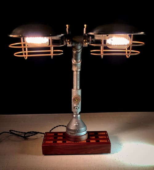 Steel Bankers Lamp w/ Walnut, French Oak and African Wange Wood Base by