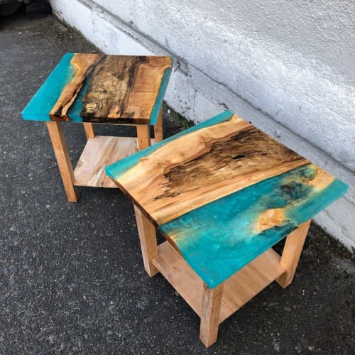 Maple & Aqua Resin Side Tables | Tables by Black Rose WoodCraft. Item composed of maple wood and synthetic