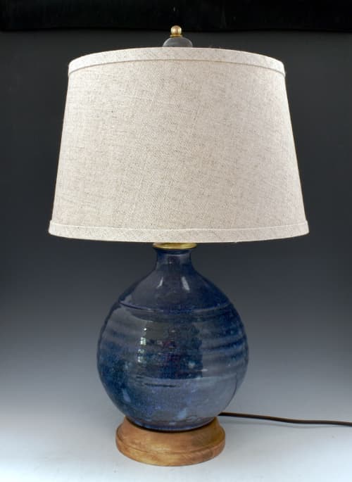 Table Lamp 76 terra cotta,  blue glaze. | Lamps by Ron Mello Studio Art. Item composed of wood and linen