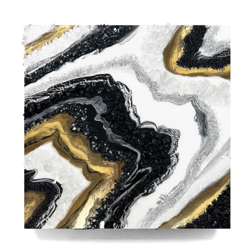 Black And White With Gold Agate | Mixed Media by Alyson Storms. Item composed of wood and brass in minimalism or mid century modern style