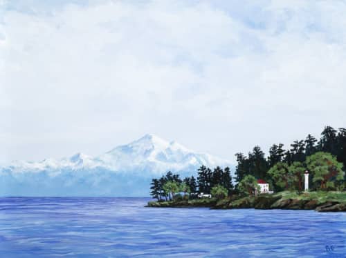30x40 acrylic art Georgina Point Lighthouse w. Mount Baker | Oil And Acrylic Painting in Paintings by Peter N Van Giesen. Item made of canvas with synthetic