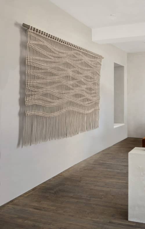 Freeform Macrame Wave Textile Handmade Natural Fiber Screen | Macrame Wall Hanging in Wall Hangings by MACRO MACRAME by Maeve Pacheco. Item composed of wood & cotton compatible with boho and contemporary style