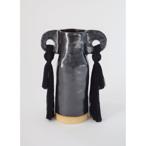 Handmade Ceramic Vase #606 in Black Glaze with Cotton Fringe | Vases & Vessels by Karen Gayle Tinney. Item composed of cotton and ceramic in boho or minimalism style