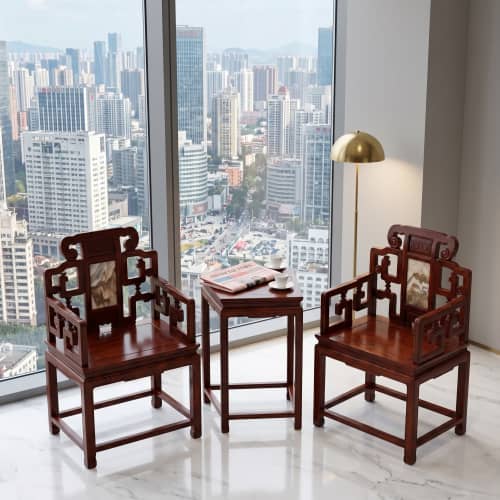 Legacy Taishi Armchair Trio Set with Marble Landscape Inlay | Chairs by Dynasty Artisan. Item made of wood works with contemporary & eclectic & maximalism style