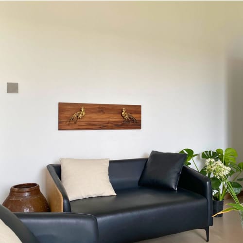 Chinoiserie Giltwood Phoenix Diptych Floating Wall Sculpture | Wall Hangings by Loom&Drift. Item composed of wood in country & farmhouse or eclectic & maximalism style