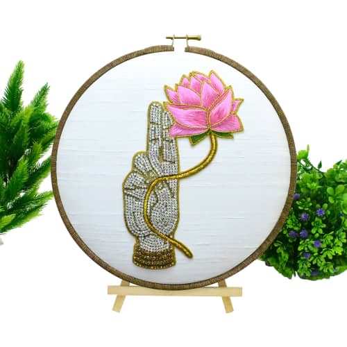 Handmade Artwork of Spiritual Hand Mudra | Embroidery in Wall Hangings by MagicSimSim. Item made of cotton compatible with art deco and asian style