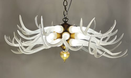 Small Antler Chanelier | Chandeliers by Anchor Bend Glassworks. Item made of oak wood with brass works with contemporary & country & farmhouse style
