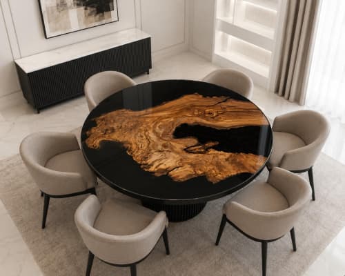 Round Black Resin Wooden Dining Table, Luxury Epoxy Table | Tables by Innovative Home Decors. Item composed of wood in country & farmhouse or art deco style