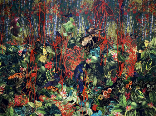 Remaining Behind After Humans Have Gone | Embroidery in Wall Hangings by Leisa Rich. Item composed of fabric compatible with eclectic & maximalism style