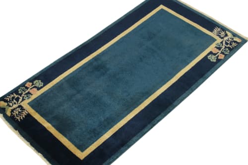 Vintage Chinese Deco style rug in Deep Blue, Gold Border | Area Rug in Rugs by Rug and Kilim