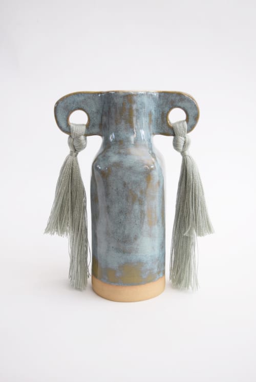 Handmade Vase #606 in Sage with Tencel Fringe | Vases & Vessels by Karen Gayle Tinney. Item made of cotton with ceramic works with boho & coastal style