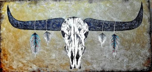 Indian Longhorn | Oil And Acrylic Painting in Paintings by Liz Johnston. Item made of canvas & synthetic
