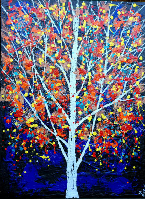 Festive tree textured mixed media abstract | Oil And Acrylic Painting in Paintings by Liz Johnston. Item composed of canvas and synthetic