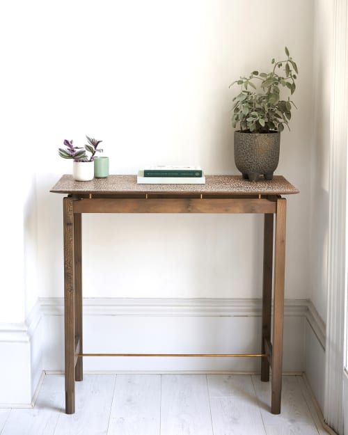 Console table in Lacewood & Ebonised London Plane | Tables by Heliconia Design. Item composed of wood & brass