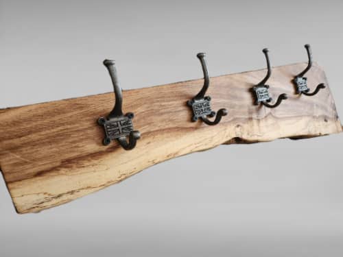 Live Edge Oak Coat Rack With Union Flag Cast Iron Hooks | Art & Wall Decor by Cutting Edge Creations. Item made of oak wood works with contemporary & country & farmhouse style