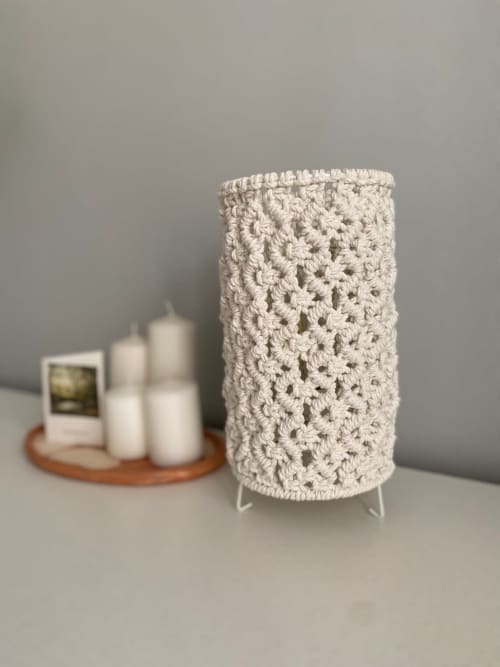 Table lamp with handmade macrame lampshade, Bedside lamp | Lamps by Got A Knot. Item made of cotton with fiber works with boho & rustic style