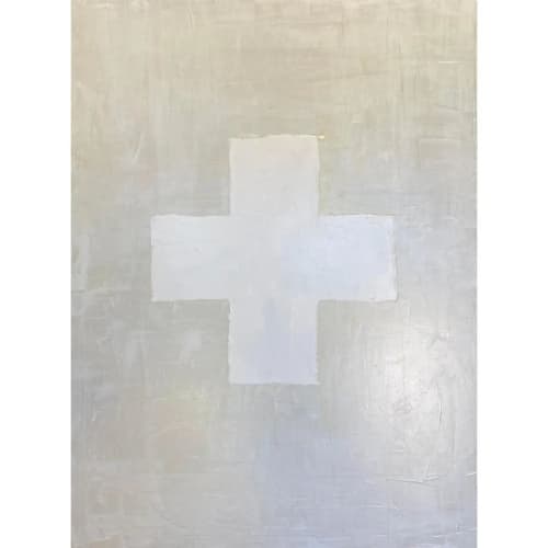 Minimalist Swiss Cross White Parchment Painting | Oil And Acrylic Painting in Paintings by Jennifer Solt Fine Art. Item made of canvas with synthetic works with minimalism & contemporary style