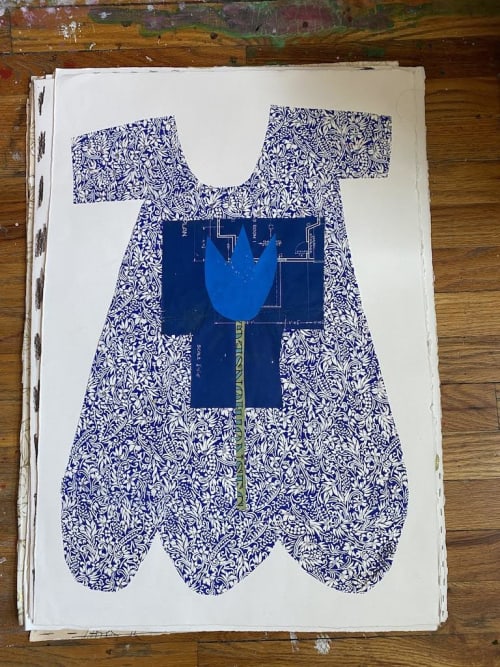 Dress Series: Blue Tulip | Mixed Media by Pam (Pamela) Smilow. Item composed of paper