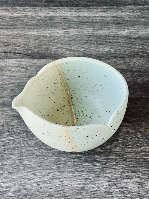 Seafoam - Petal Katakuchi Tea Bowl, Japanese Matcha Bowl | Drinkware by Tomoko Ceramics. Item made of stoneware compatible with japandi and modern style