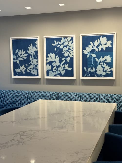 Evening Shade Triptych: Three 30 x 22.5" original cynotypes. | Photography by Christine So | Apollo Global Management in New York