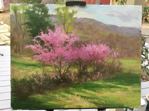 Redbuds in Virginia | Oil And Acrylic Painting in Paintings by Julia Lesnichy Art. Item composed of canvas in contemporary or traditional style