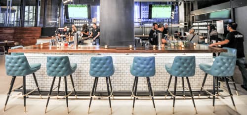Bar Stool with Button Tufted Back and Wood 2528 | Chairs by Richardson Seating Corporation | Pennsy Bar in New York. Item composed of wood and leather