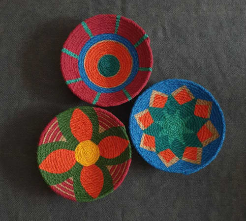 3 Pieces of Orange Round Bowl Wall Plates | Decorative Plate in Decorative Objects by Sarmal Design. Item composed of bamboo and cotton in boho or art deco style