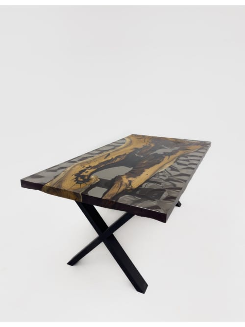 Clear Epoxy Dining Table With Handmade Special Bubble Effect | Tables by Tinella Collection. Item composed of wood and metal in minimalism or art deco style