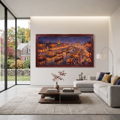 Monet Style Song Lantern Festival Oil Painting on Linen | Oil And Acrylic Painting in Paintings by Dynasty Artisan. Item composed of linen compatible with contemporary and eclectic & maximalism style