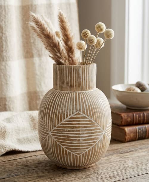 The Linear Diamond Carved Wooden Pot | Plants & Flowers by Famous Art Group Of Industries
