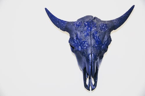 Blue Buffalo Skull with Chain | Ornament in Decorative Objects by Gypsy Mountain Skulls. Item made of wood compatible with contemporary and country & farmhouse style