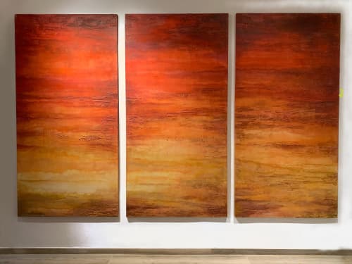 Sunset Inspired Triptych Painting | Oil And Acrylic Painting in Paintings by Elsa Jeandedieu Studio. Item composed of synthetic