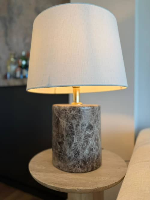 Handcrafted Dark Emperador Marble Cylinder Table Lamp | Lamps by AEGEAN MARBLE ARTISAN ATELIER. Item composed of marble in minimalism or contemporary style