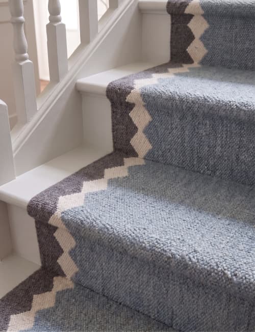 Handwoven Wool Coastal Blue & Grey Stair Runner | Runner Rug in Rugs by Evergreen Carpets. Item composed of wool compatible with boho and minimalism style