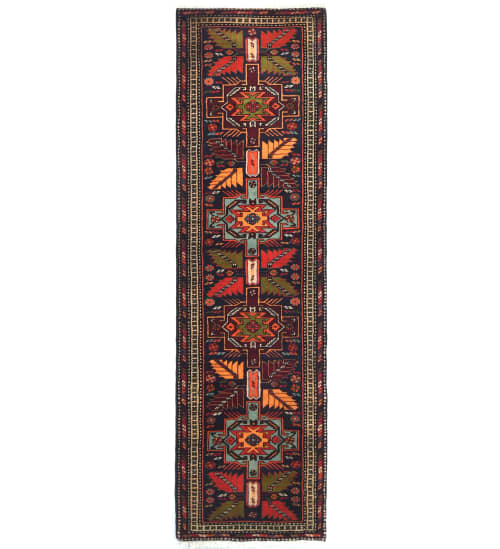 Vintage Purple Geometric 2'6X9'7 Ardabil Runner Rug | Rugs by Magic Rugs. Item composed of cotton