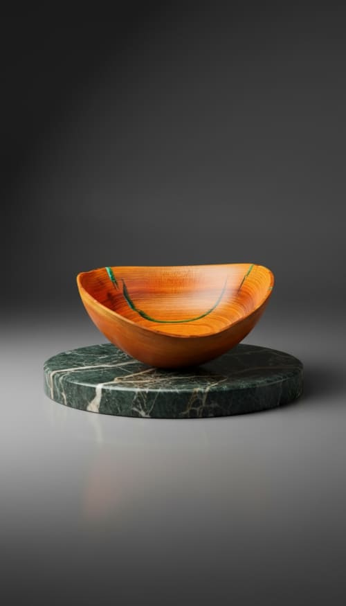 Sculptural Cherry Wood Bowl with Deep Teal Resin Inlay | Decorative Bowl in Decorative Objects by Holzkunst Samuel Meisinger. Item made of wood works with art deco & modern style