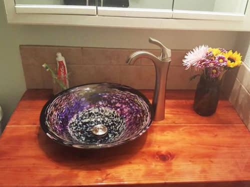 "Lilacs" ~ Blown Glass Sink | Water Fixtures by White Elk's Visions in Glass - Glass Artisan, Marty White Elk Holmes & COO, Jo Pierce