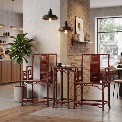 Imperial Sovereign Red Bamboo Style Ming Chair Table Set | Armchair in Chairs by Dynasty Artisan. Item composed of wood compatible with contemporary and eclectic & maximalism style