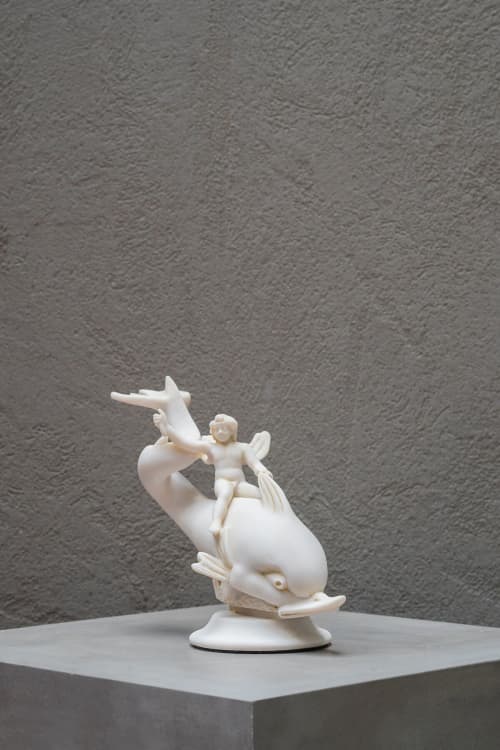 Eros on Dolphin Made with Compressed Marble Powder (Large) | Decorative Objects by LAGU. Item made of marble