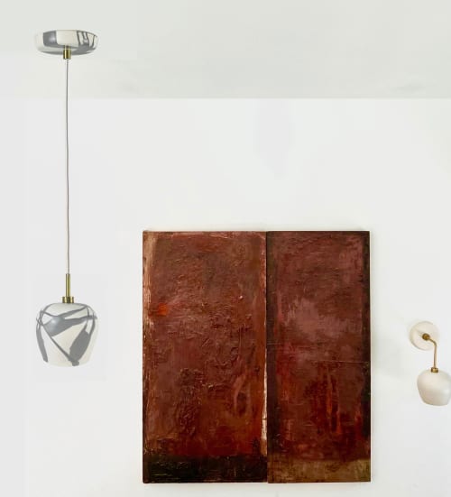 Tapered Sphere Hanging Light with white cord | Pendants by Alex Marshall Studios. Item composed of brass and ceramic in mid century modern or contemporary style