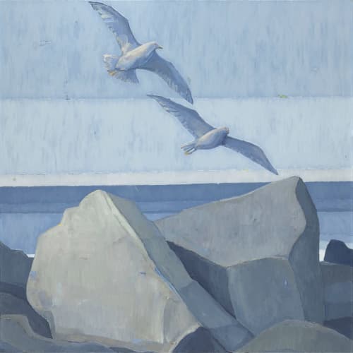 'Two Rocks Two Gulls' oil painting by Scott Redden | Oil And Acrylic Painting in Paintings by Scott Redden. Item made of linen with synthetic