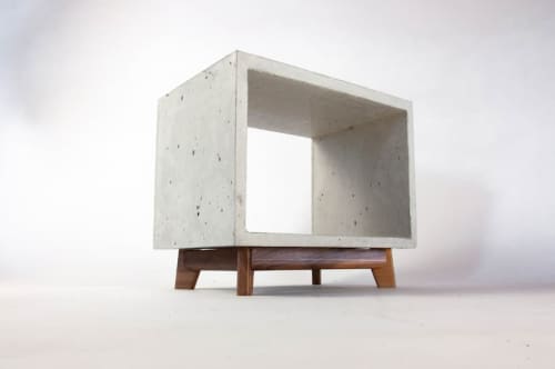 Dwarf Concrete Cube & Small Solid Wood Legs End Side Table | Tables by Curly Woods. Item composed of oak wood and concrete in mid century modern or industrial style