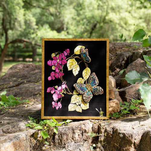 Bougainvillea Flower & 3D Butterfly Asian Wall Art | Embroidery in Wall Hangings by MagicSimSim. Item made of fabric with metal works with art deco style