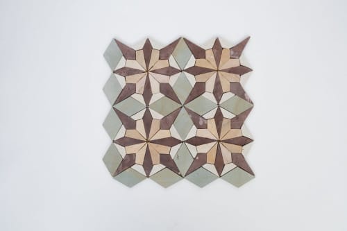 Sage Green & Burgundy Floral/Flower Mosaic Tile | Tiles by Mosaics & Company LLC. Item composed of stone in boho or mid century modern style
