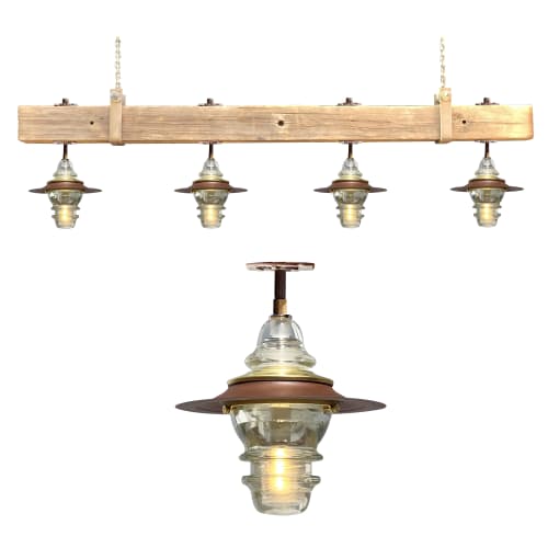 Telegraph Pole Crossarm Beam Chandelier Insulator Metal Hood | Chandeliers by RailroadWare Lighting Hardware & Gifts. Item composed of wood and metal in country & farmhouse or eclectic & maximalism style
