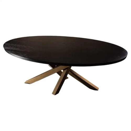 Oval Black Oak Dining Table, Criss Cross Golden Base | Tables by Aeterna Furniture. Item composed of oak wood