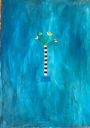 Flower Power Series: Vertical Yellow Tree | Mixed Media by Pam (Pamela) Smilow. Item composed of canvas & synthetic